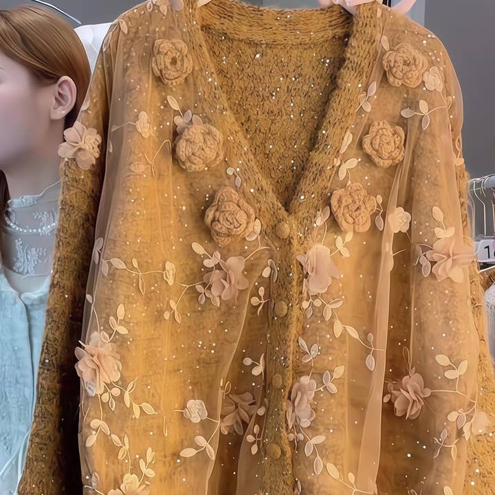 Cardigan orange rouille romantique avec broderie florale en tulle pour la vente par PEACH ACCESSORIES