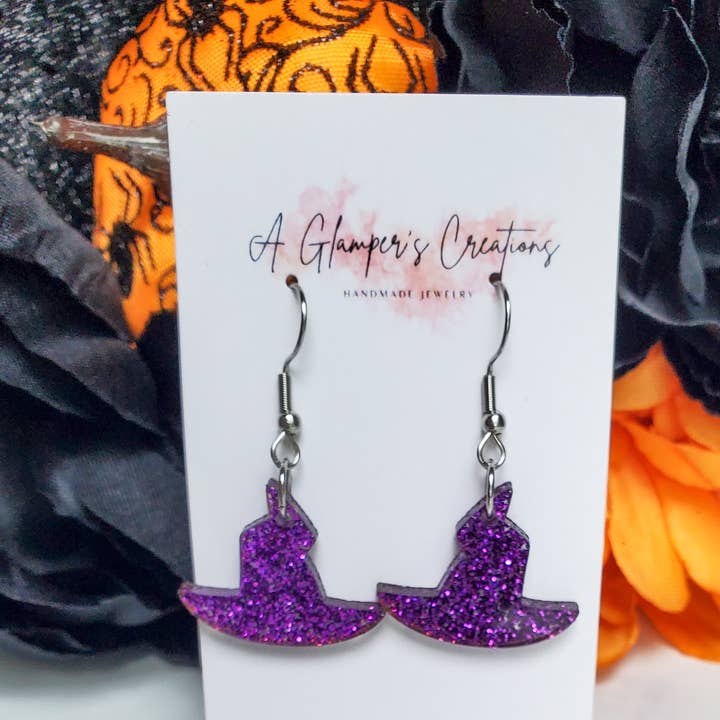 Purple Glitter Witch Crooked Hat Halloween Acrylic Earrings for wholesale by A Glamper's Creations LLC