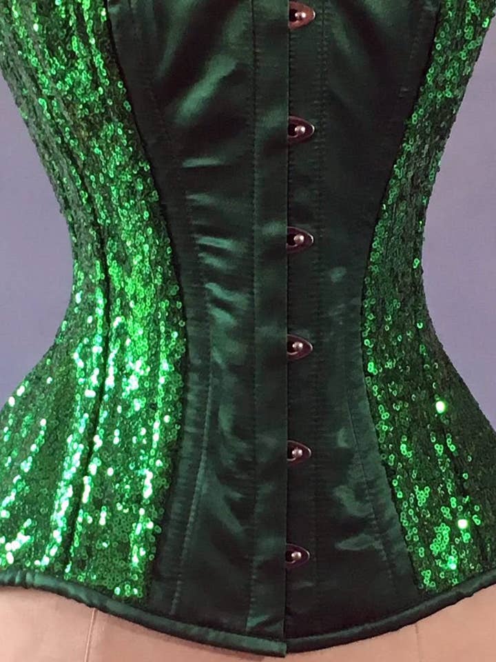 Shiny sequins and satin overbust authentic corset with long hip-line. Steel-boned corset for tight lacing, prom, gothic, wedding, valentine for wholesale by corsettery
