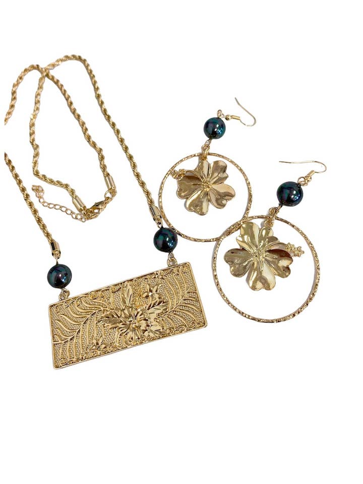 Hawaiian Hibiscus Flower Hamilton Gold Earrings and Necklace Set for wholesale by Anela's Jewelry