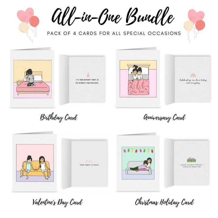 Lot de 4 cartes tout-en-un | Jolies cartes de vœux lesbiennes | Cartes d'anniversaire romantiques WLW | Cartes et cadeaux pour la Saint-Valentin LGBTQ pour la vente par Sesame But Different