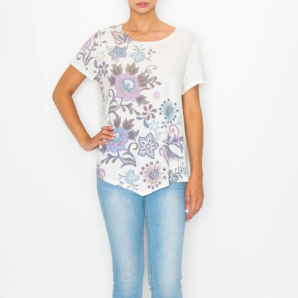 TRYCKT T-SHIRT-4553 IV-EMBO FL för wholesale av Origami Apparel ~ Lace and Crochet inspired