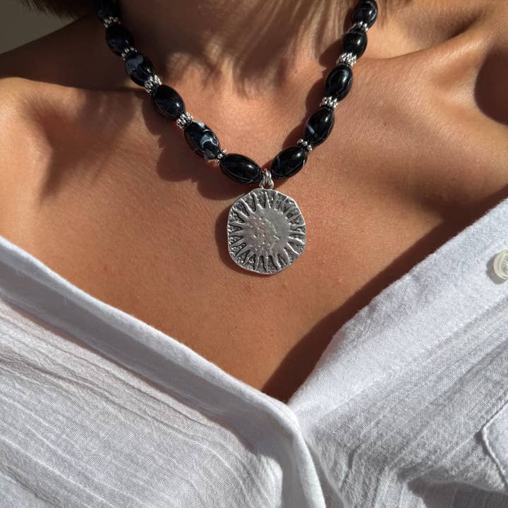 Christina Christi - Wholesale Pendant/Charm Necklace - Handmade Black Beaded Necklace with Silver Sun Pendant4