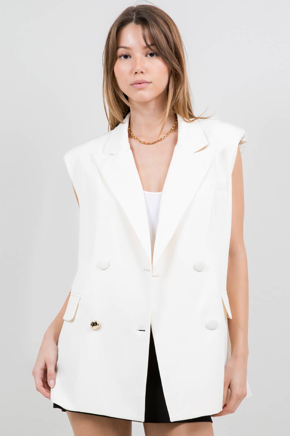 STRUCTURED WOVEN VEST JACKET W ACCENT GOLD BUTTON - IVORY for wholesale on Faire0