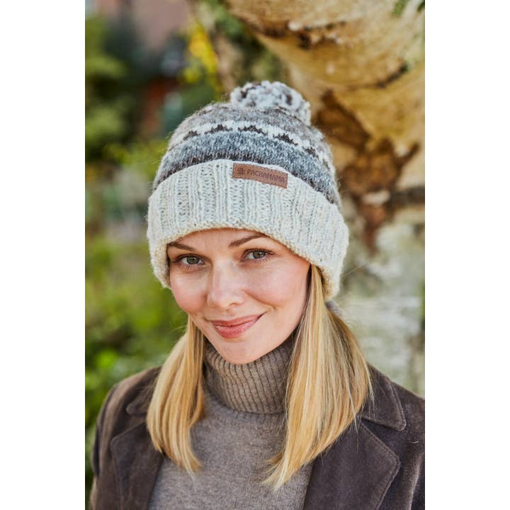 Classic Fair Isle Women's Wool Knit Roll Bobble Hat Natural for wholesale on Faire3