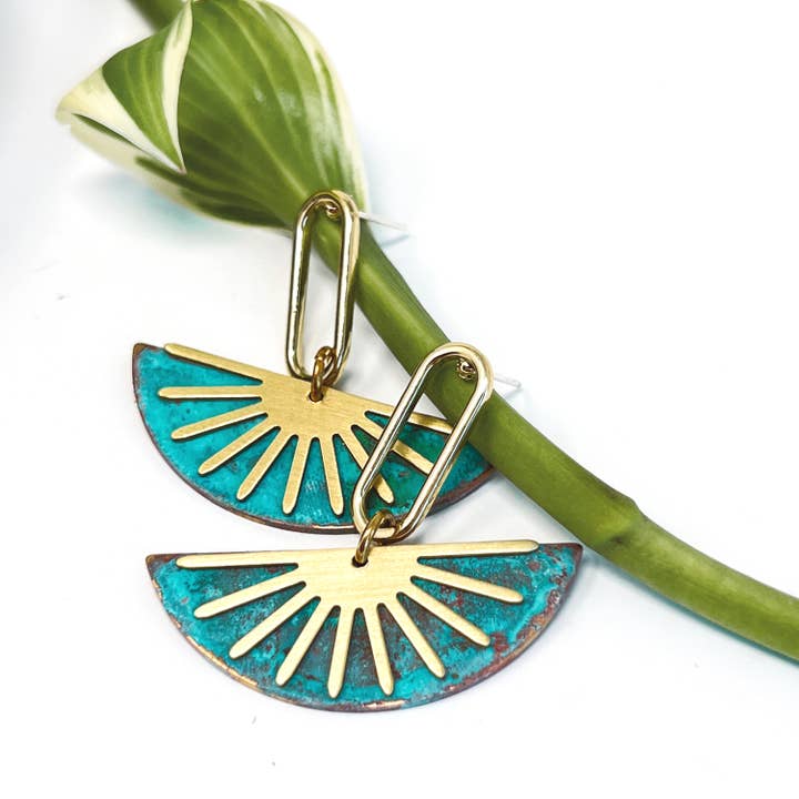 Golden Sunset Post Earring With Teal Patina for wholesale by Permanent Baggage