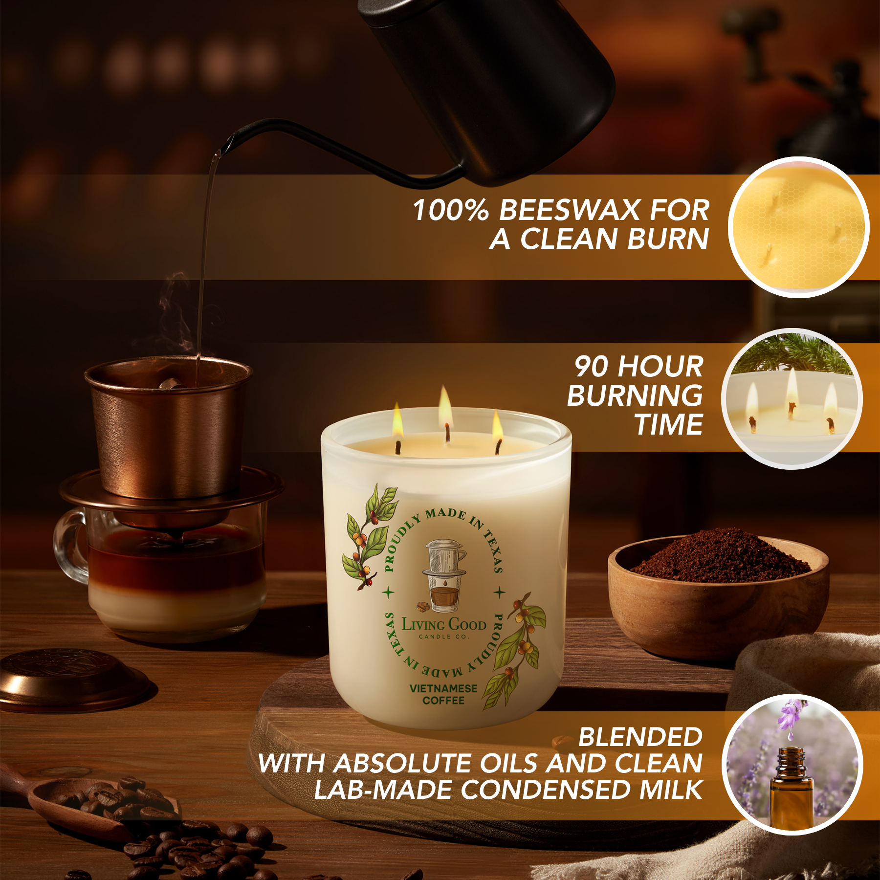 Living Good Candle Co. - Wholesale Jar/Filled Candle - Vietnamese Coffee - Beeswax Candle - Fresh Robusta Coffee5