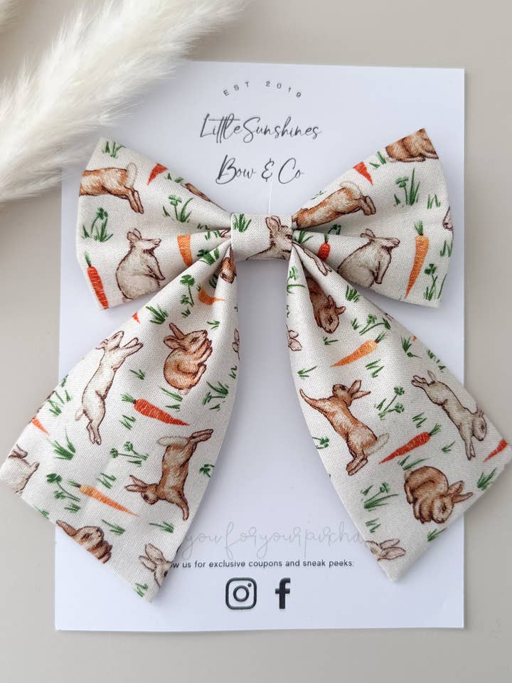 Cream Bunnies & Carrots Easter Sailor Hair Bow for wholesale by Little Sunshines Bow & Co