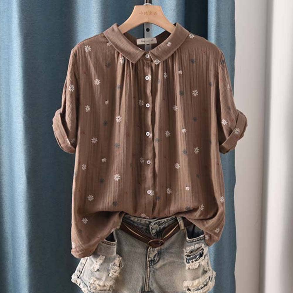 Whisper Mint – Camisa com botões no colarinho – Mulher por atacado – Camisa de manga curta estampada em lapela em gaze de algodão de dupla camada4