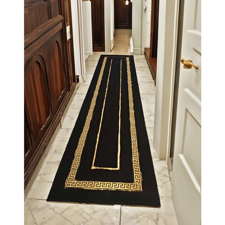 Runner Faux Fur Black Gold Rug, Hallway Corridor Black Rug for wholesale by Rosoc Rug