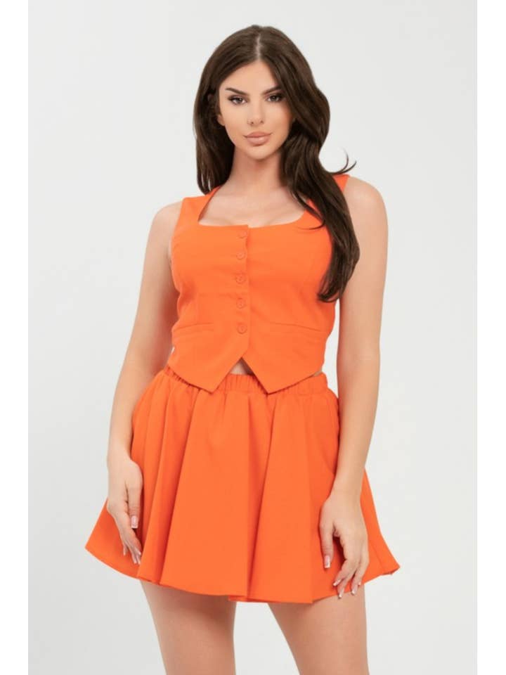 4770-Sleeveless Button Down Vest & Pleated Mini Skirt Set for wholesale by JBLA FASHION