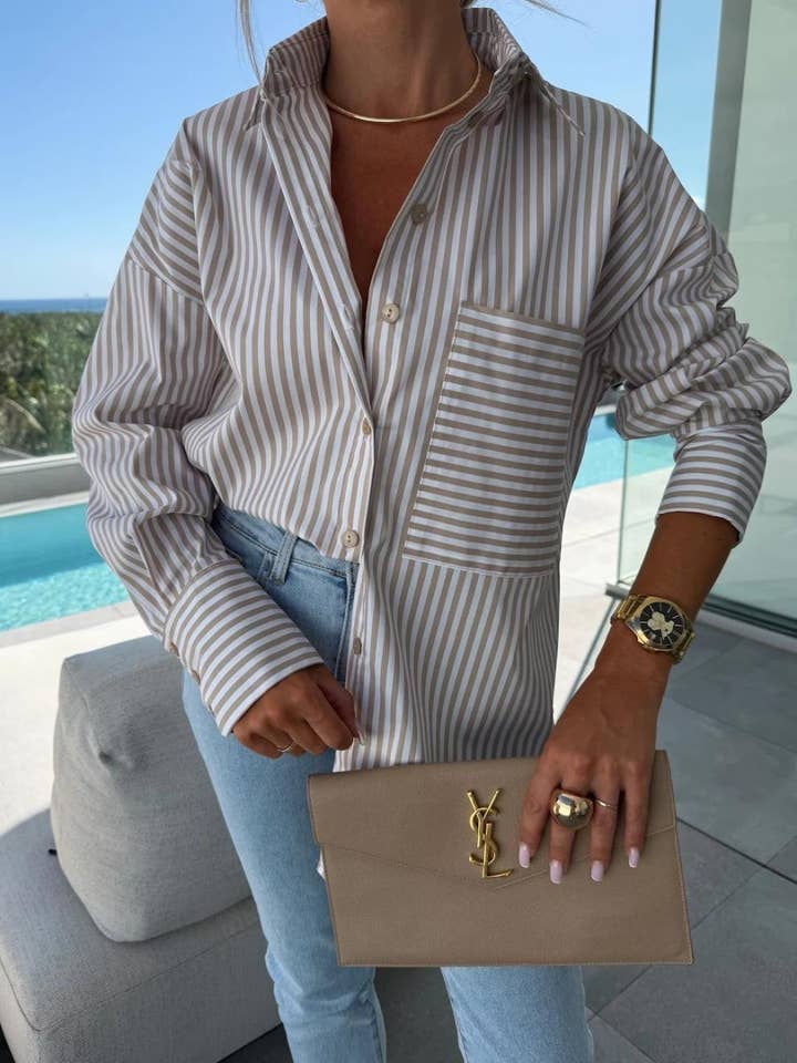 Rosa Clothing - Wholesale Shirt - Women's - Striped Long-Sleeve Oversized Shirt With Pocket2