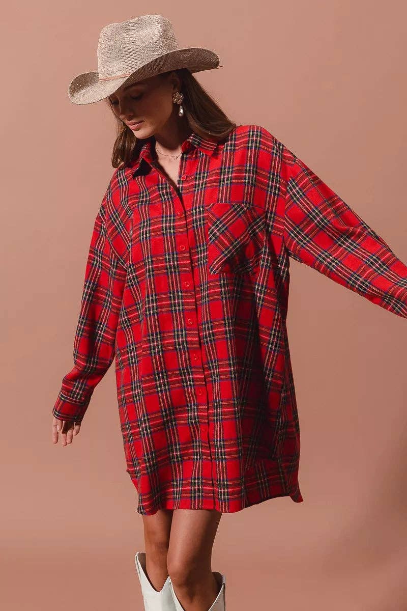 RED MULTI SO ME Christmas Checker Plaid Button Up Shirt Dress for wholesale on Faire1