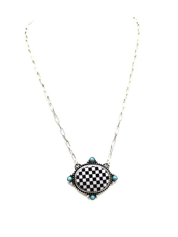 Checkered Oval Pendant Necklace for wholesale by Snowing West