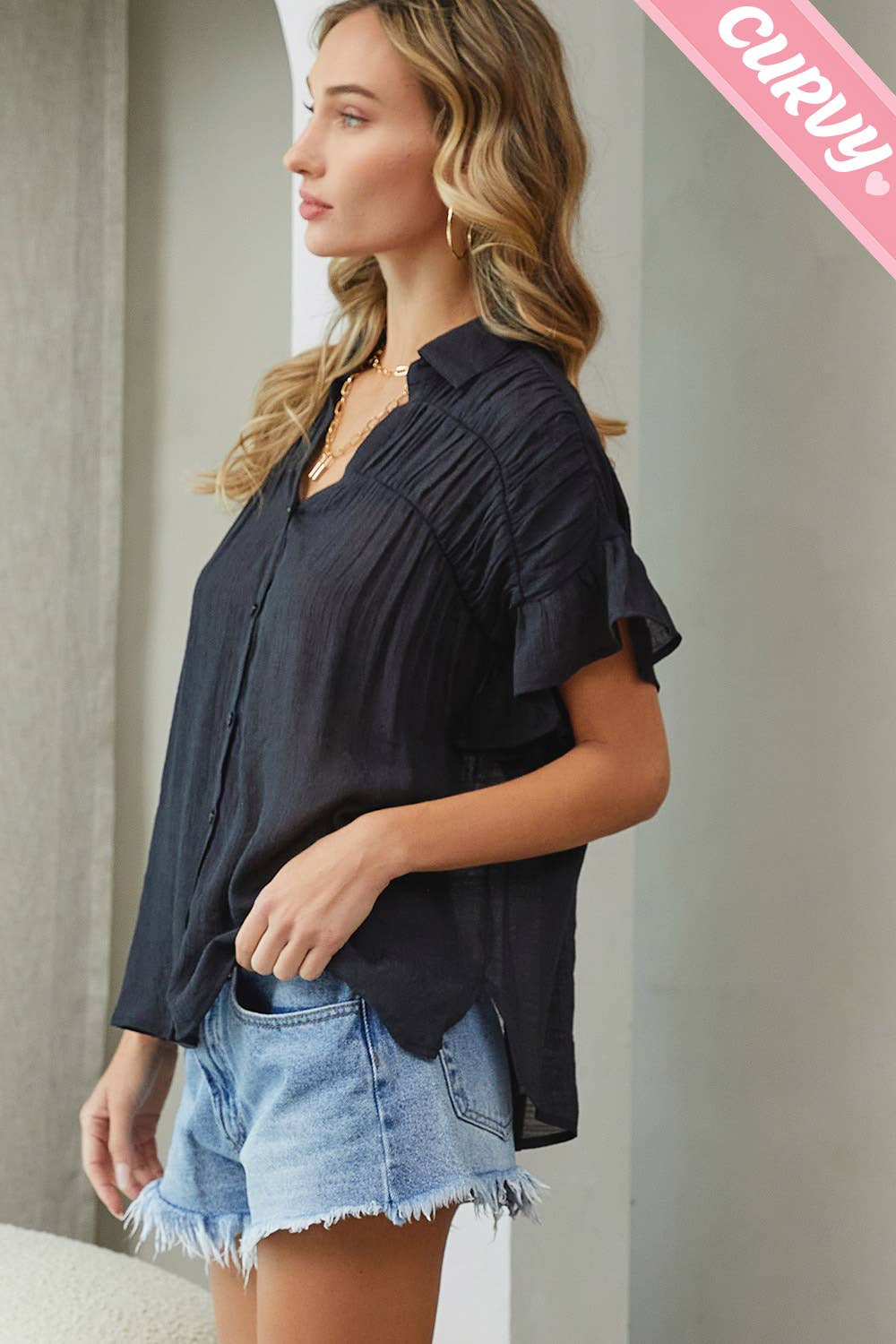 Sweet Lovely by Jen - Wholesale Button Down Shirt - Women's - PLUS SIZE CASUAL SHORT RUFFLE FLOWY SHIRT30