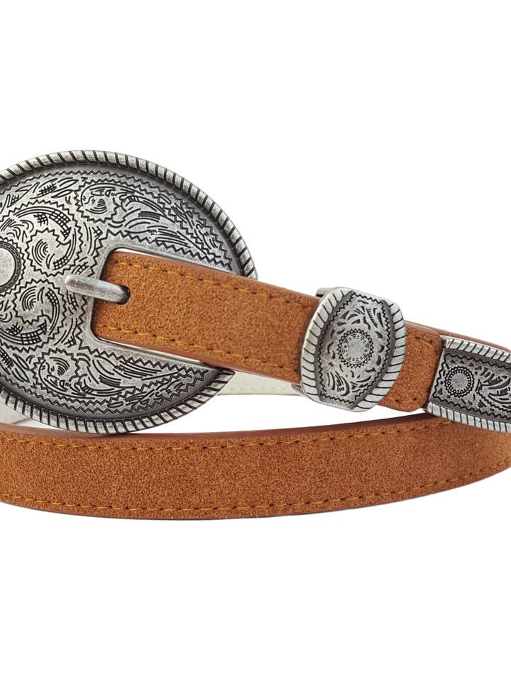 Genuine Skinny Suede Belt with Western Buckle and Loop for wholesale by Axesoria West