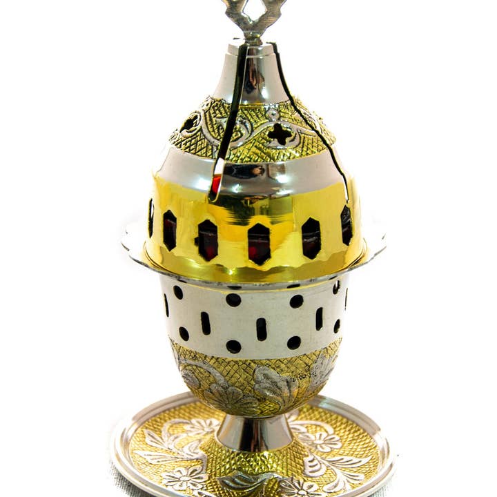 Christian messing bordolievagtslampe med kors, håndmalet bønstående olielampe, ortodoks olielys med glaskop, religiøs indretning for engroshandel hos TheHolyArt