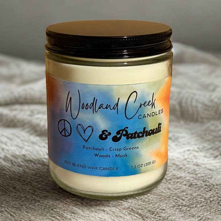 Peace Love and Patchouli Soy Blend Wax Candle for wholesale by Woodland Creek Candles