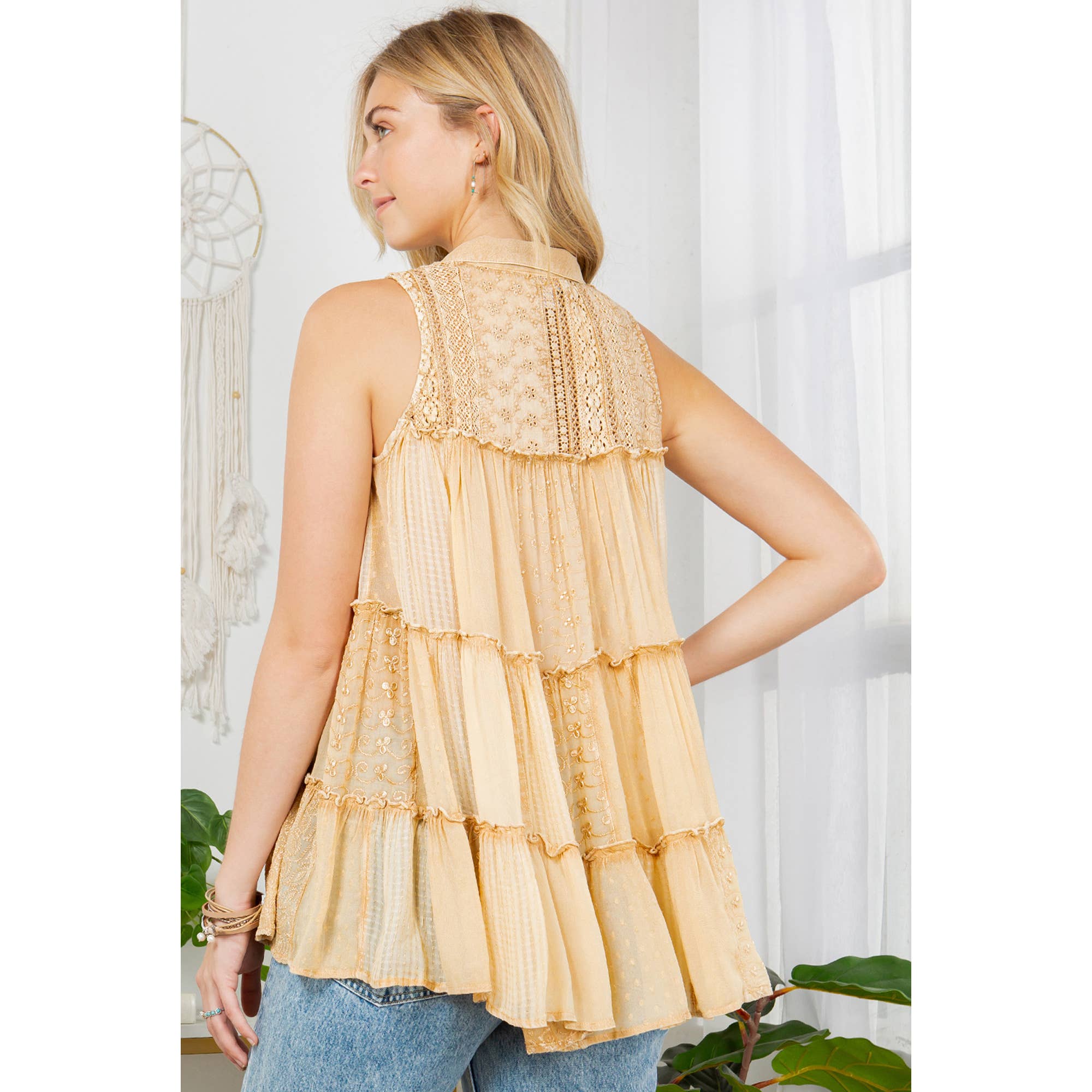 Young Threads - Wholesale Button Down Shirt - Women's - Sleevless Jhabla Top Emb Stonewashed2