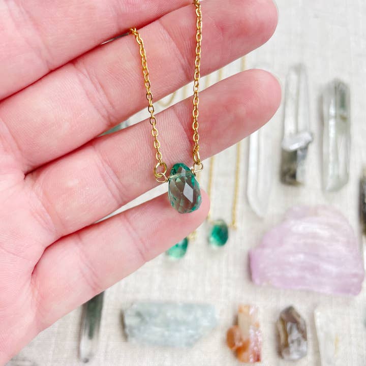 Ewelina Pas Jewelry - Wholesale Pendant/Charm Necklace - Green Fluorite Faceted Briolle Drop Delicate Necklace8