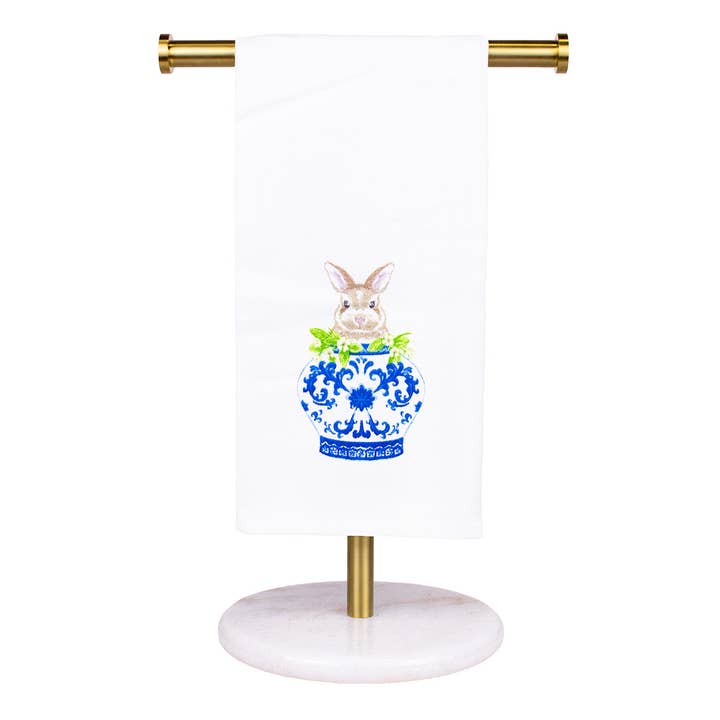 Winston Bunny Vase Hand Towel White/Blue/Green 20x28 for wholesale by The Royal Standard