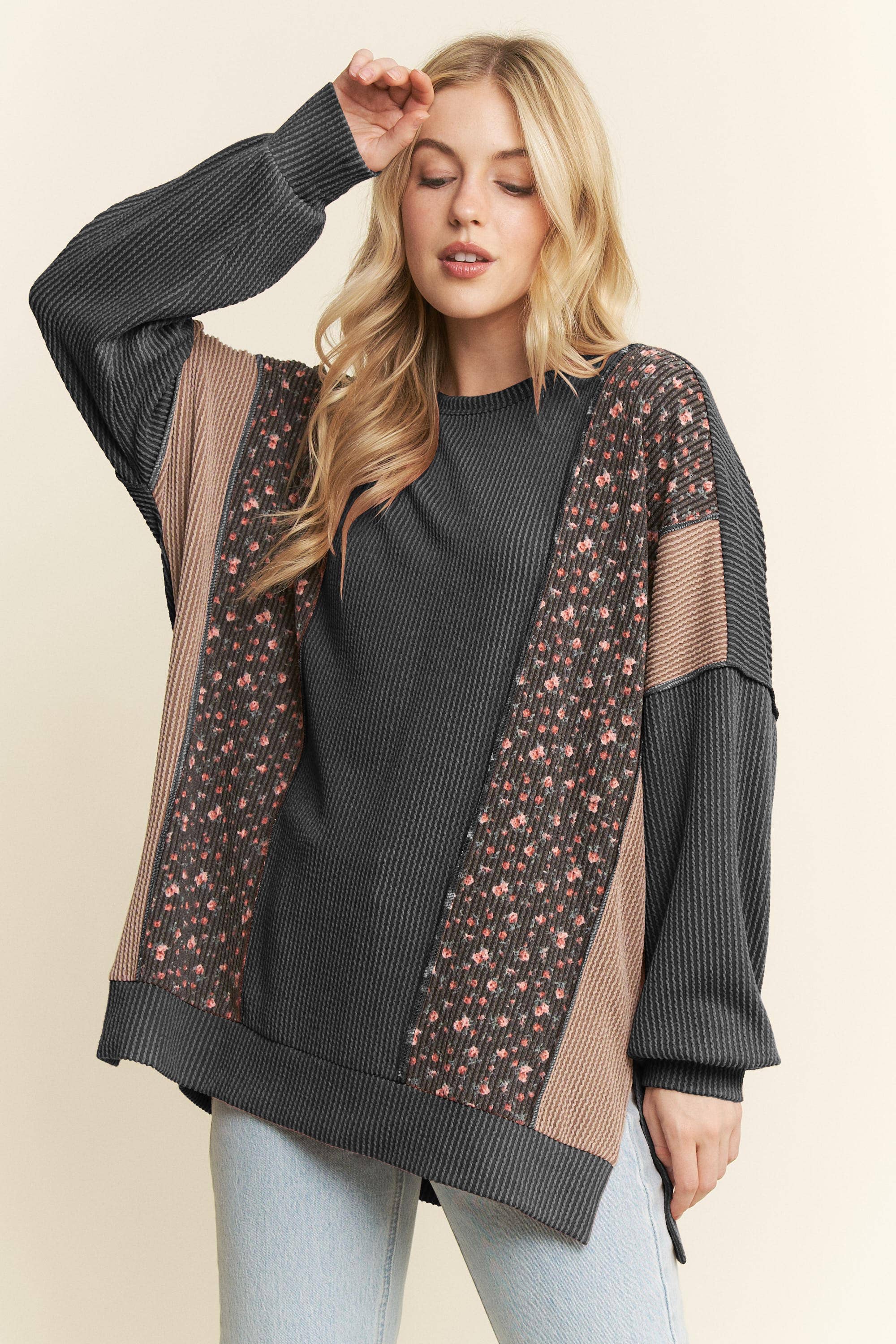 HEIMISH – wholesale Tunic – Women’s – ET7988-11 SOLID AND FLORAL URBAN RIB CONTRAST TOP12