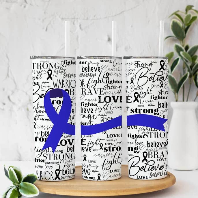 Colon Cancer Awareness Ribbon Word Art Blue Ribbon | Tumbler for wholesale by Designs by Robyn