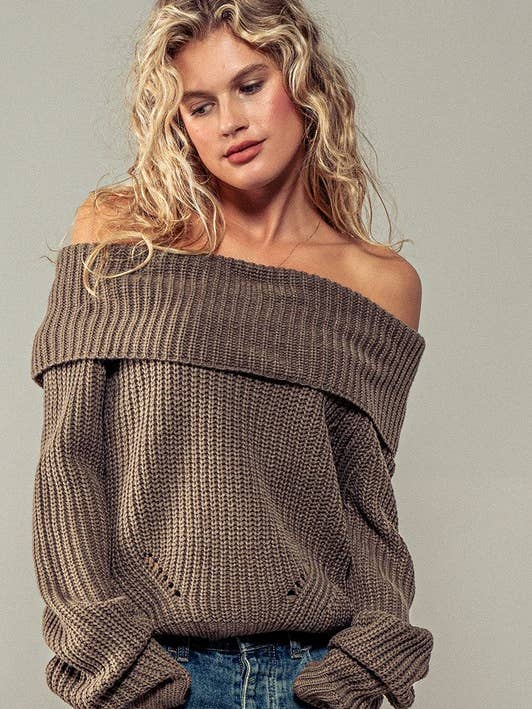 OLIVE OFF SHOULDER FOLD DOWN COLLAR RIB KNIT SWEATER for wholesale on Faire
