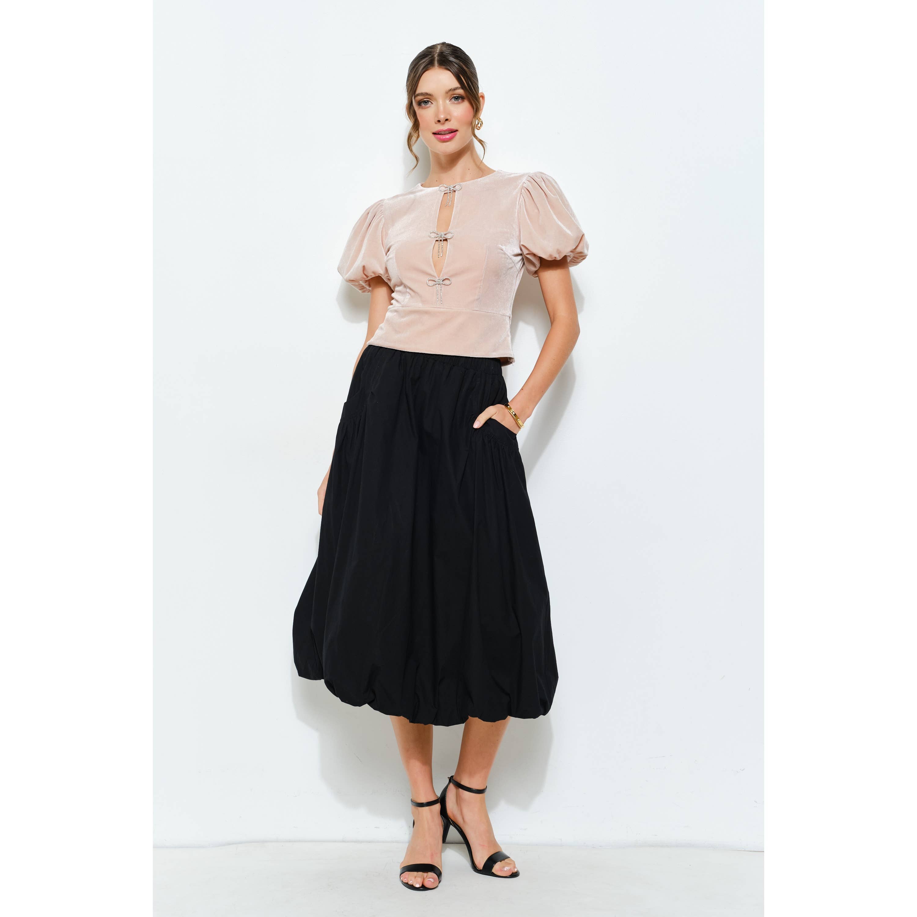 INA - Wholesale Blouse - Women's - Rhinestone Bow Cutout Velvet Puff Sleeve Top5