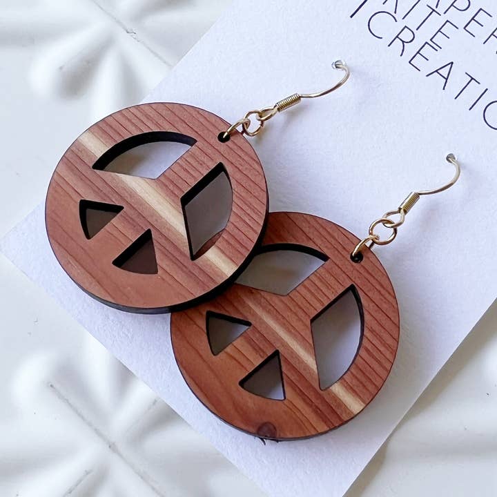 Natural Wood Peace Sign Dangle for wholesale by Paper Kite Creations