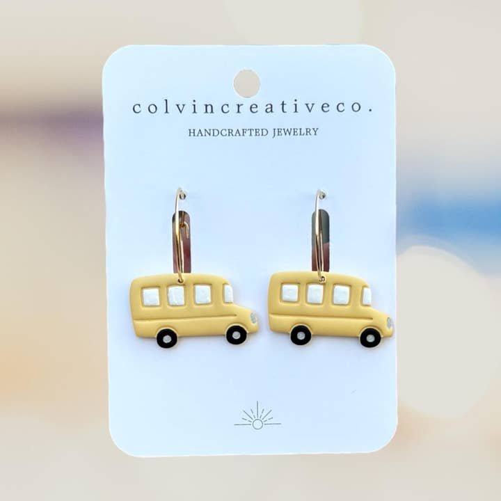 Polymer Clay School Bus Hoop Earrings for Teachers for wholesale by colvincreativeco.