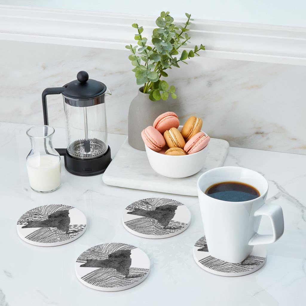 Love Local - Wholesale Coasters - Minimalistic B&W New York State With Fluid Lines | Absorbent Coasters | Set of 4 | Min 23