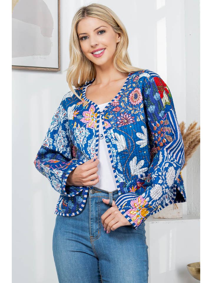 LA Soul - Wholesale Jacket - Women's - Floral Print Quilted Patch Cotton Jacket - Blue