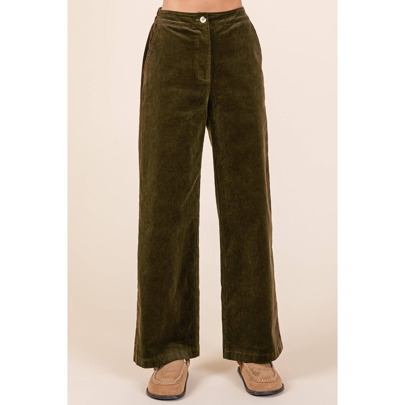 mittoshop – Calças - Mulher por atacado – Calças de veludo cotelê de perna semi larga com cós elástico3