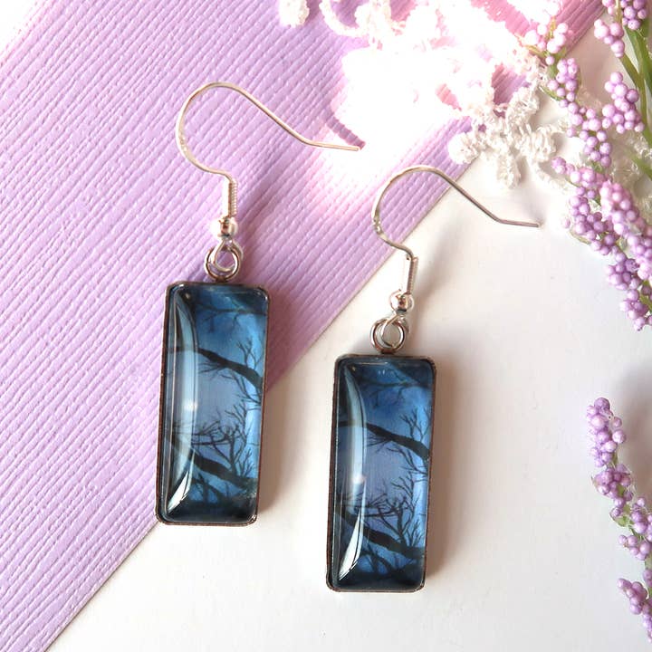 Full Moon Through the Trees Glass Pendant Earrings for wholesale by Loretta Belle Art