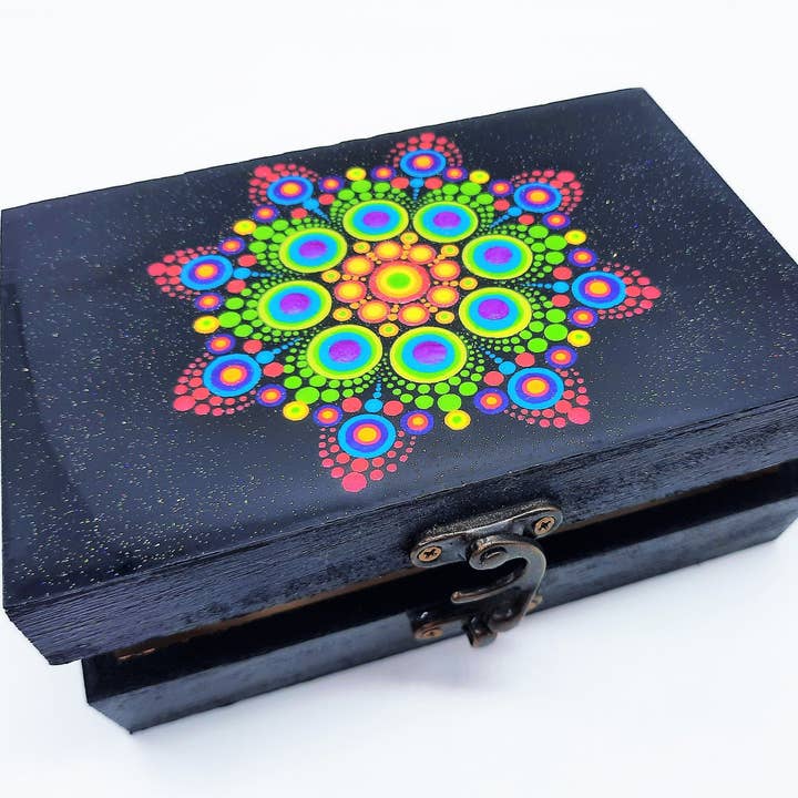 Handpainted Neon Rainbow Dot Mandala Keepsake Box for wholesale by Slightly Askew Art