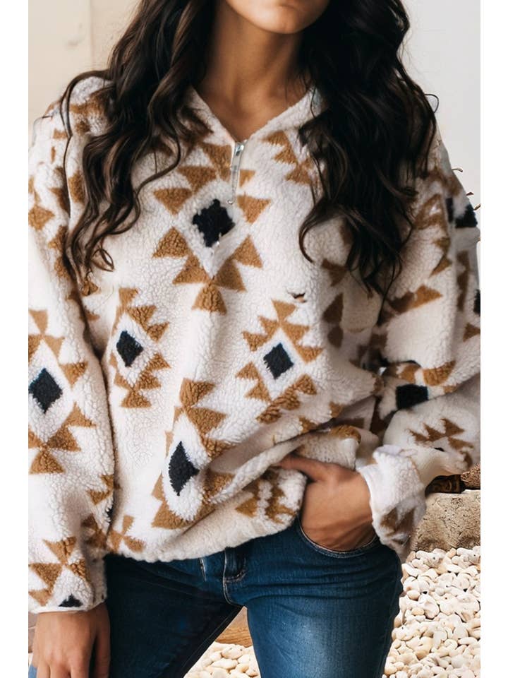 Khaki LDC Aztec Print Sherpa Quarter Zip Collar Sweatshirt for wholesale on Faire