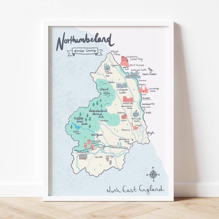County of Northumberland Illustrated Map (unframed), Northumbria, Alnwick, Cheviot hills for wholesale by Mads Illustration