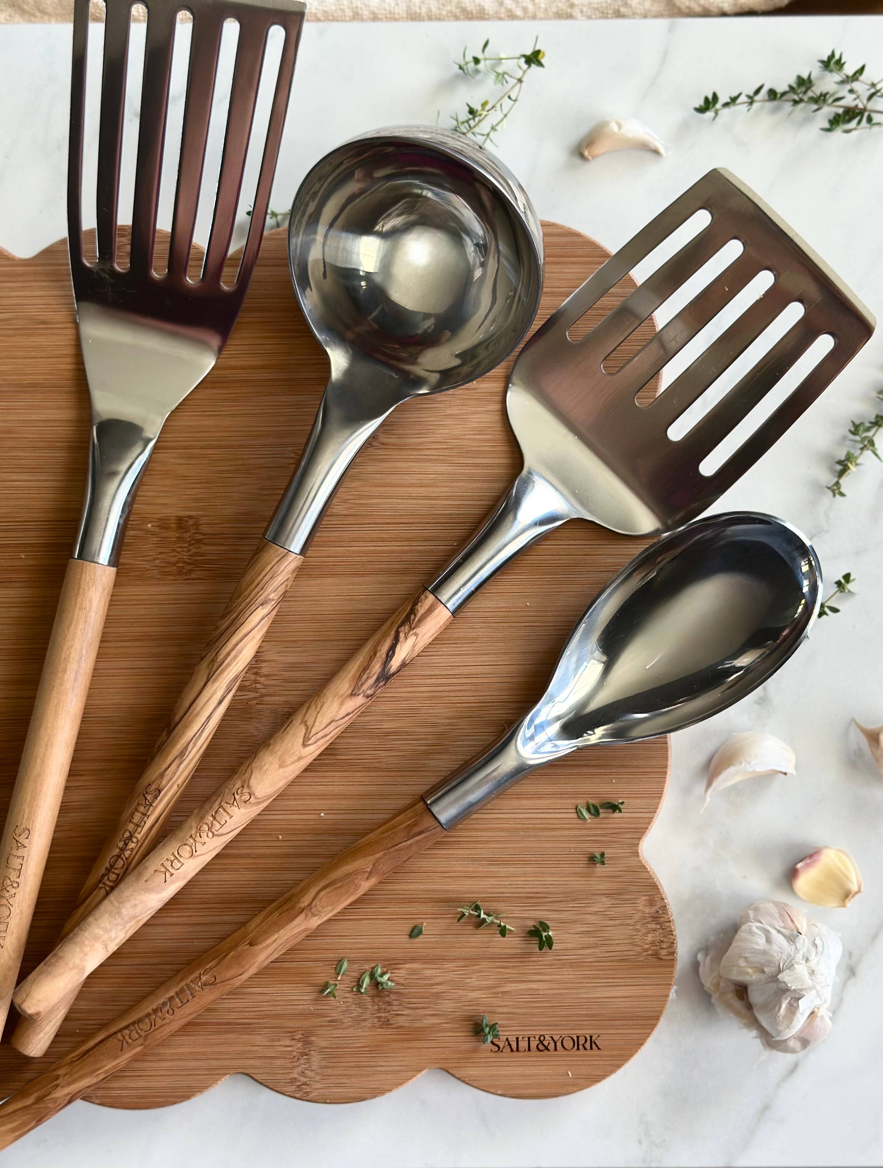Salt & York - Wholesale Kitchen Utensil Set - 4 Piece Olive Wood or Walnut Wood Handle Utensil Set with St12