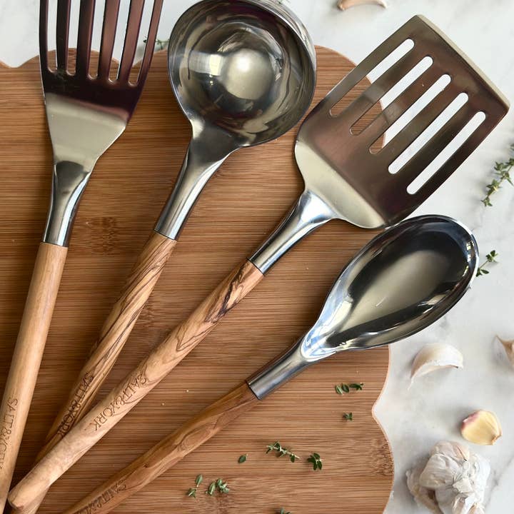 Salt & York - Wholesale Kitchen Utensil Set - 4 Piece Walnut Wood or Olive Wood Handle Utensil Set with1