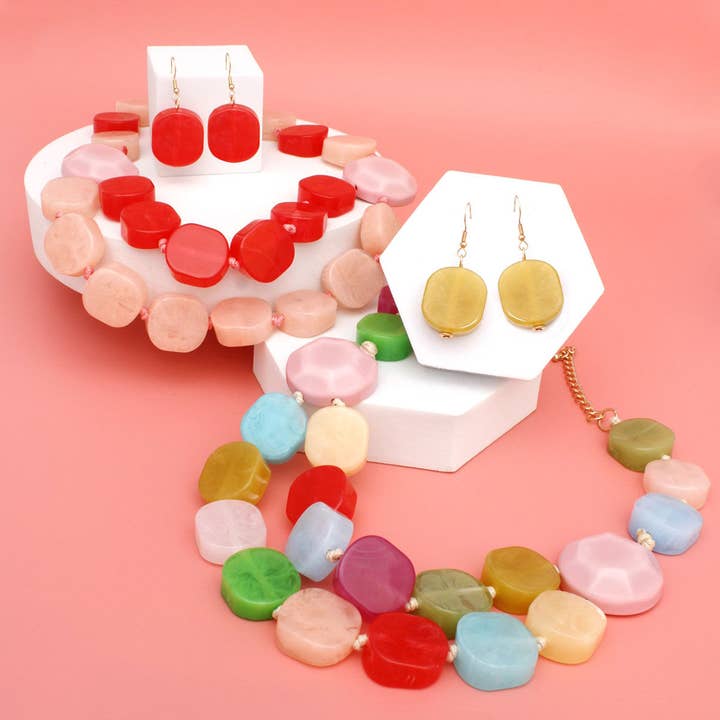 Color Multi Color Bead Multicolor Marbled Geometric Chunky Necklace for wholesale on Faire3