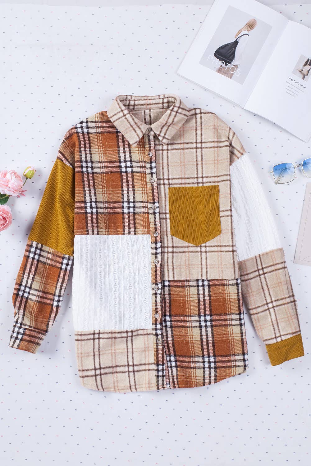 MULTI Plaid Color Block Patchwork Shirt Jacket with Pocket for wholesale on Faire2