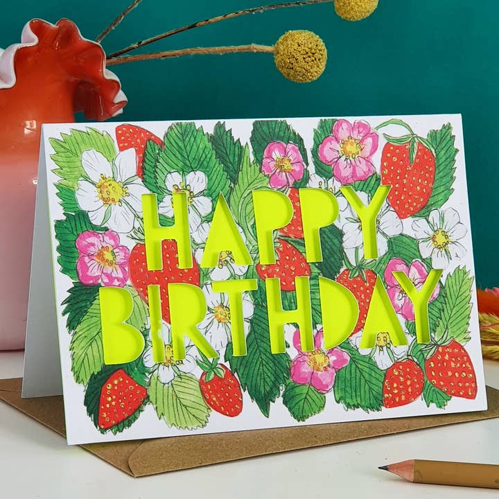 Neon Strawberries Paper Cut Birthday Card for wholesale by Miss Bespoke Papercuts