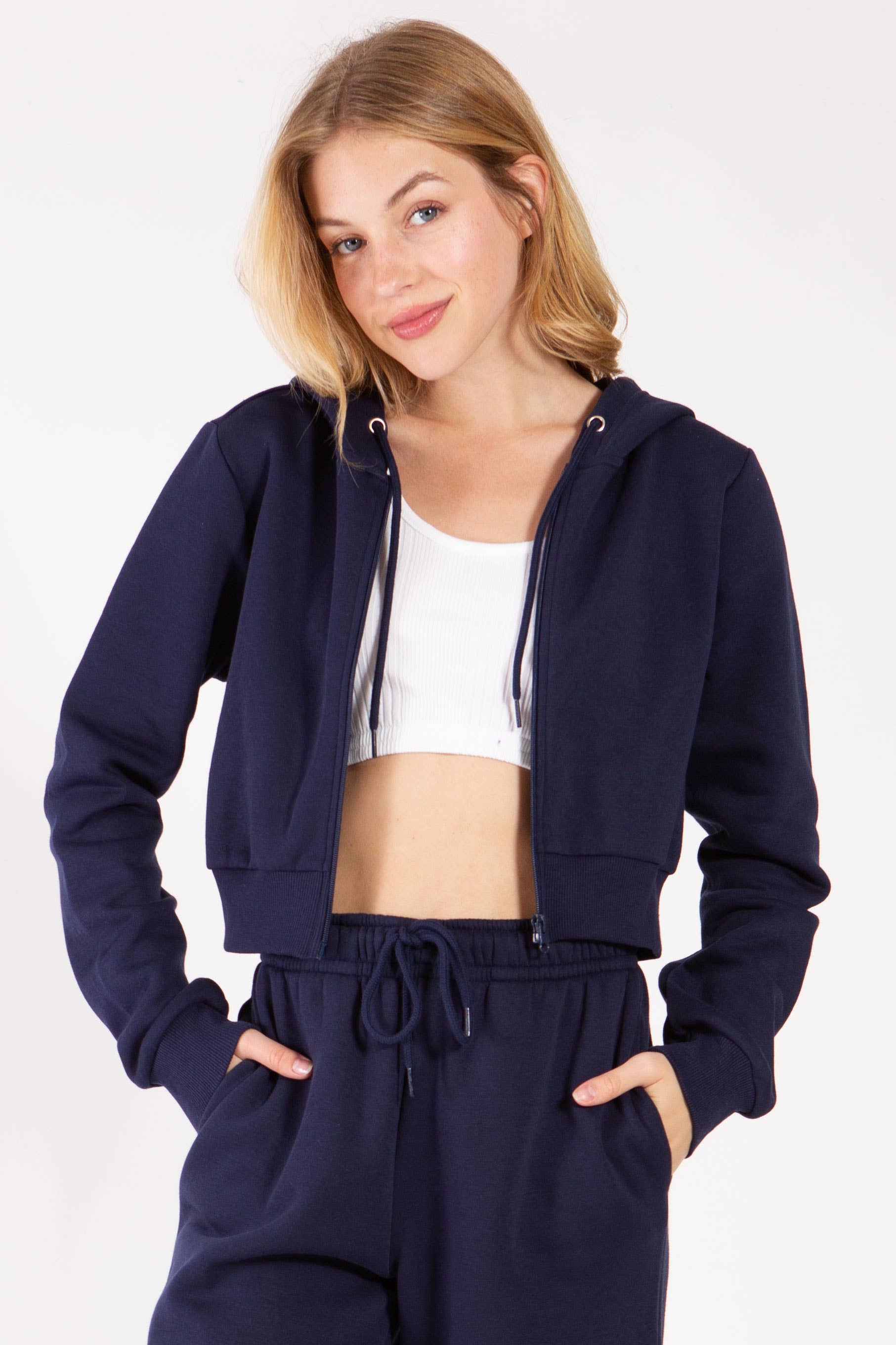 Color 5 - Wholesale Hoodie - Women's - Solid color fleece lined full zipper hoodie cropped jacket15