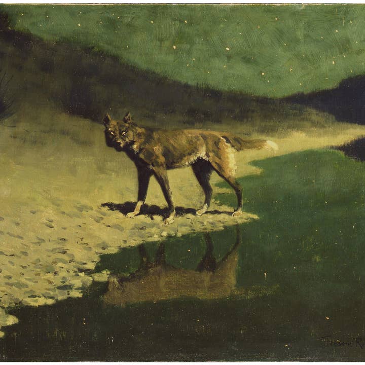 Art vintage du loup | Loup au clair de lune | Tirage d'art du loup solitaire | Faune vintage | Peinture sur le ciel étoilé | Art mural animalier | Frederic Remington pour la vente par Rock Paper Scissors Wall Art