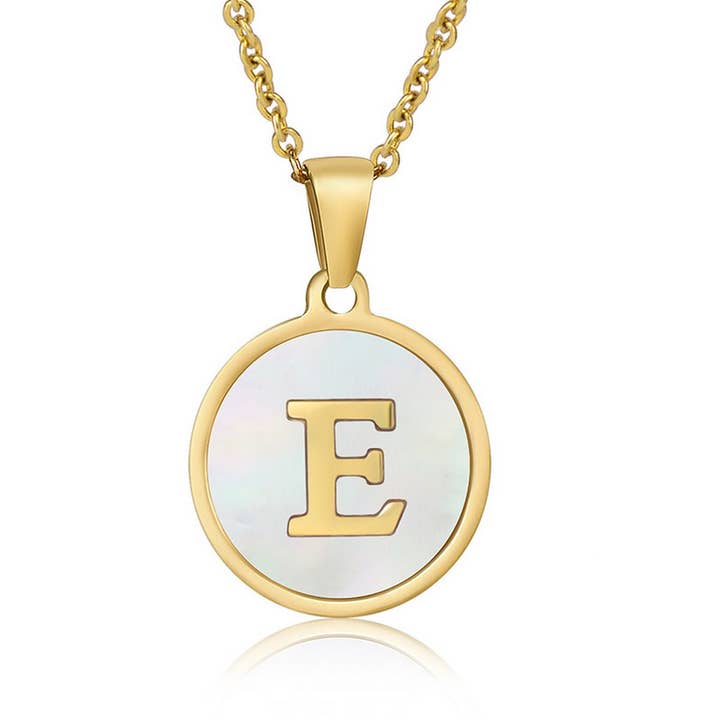 NINEXIS - Wholesale Pendant/Charm Necklace - CWAJE1934_Round Stainless Steel White Shell Letter Necklace