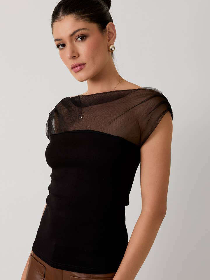 Sunday Edition - Wholesale Blouse - Women's - MESH & PONTI MIX DRAPE TOP15