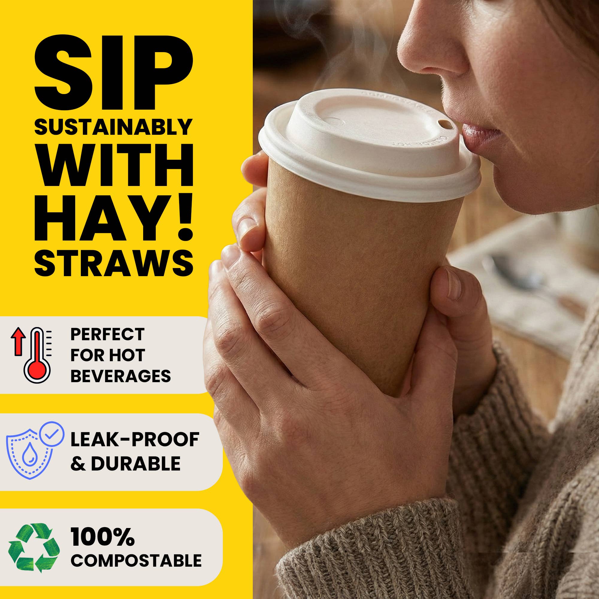 Hay Straws - Vente Couvercle de boisson - HAY! Straws® Couvercles à café compostables 12oz2