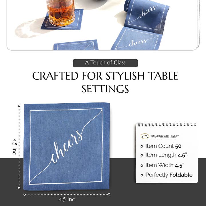 Table Theory (Formerly Toasting with Tara) – wholesale Disposable napkin – Cotton Cocktail Napkin Roll: Mystic Blue - White "Cheers"3