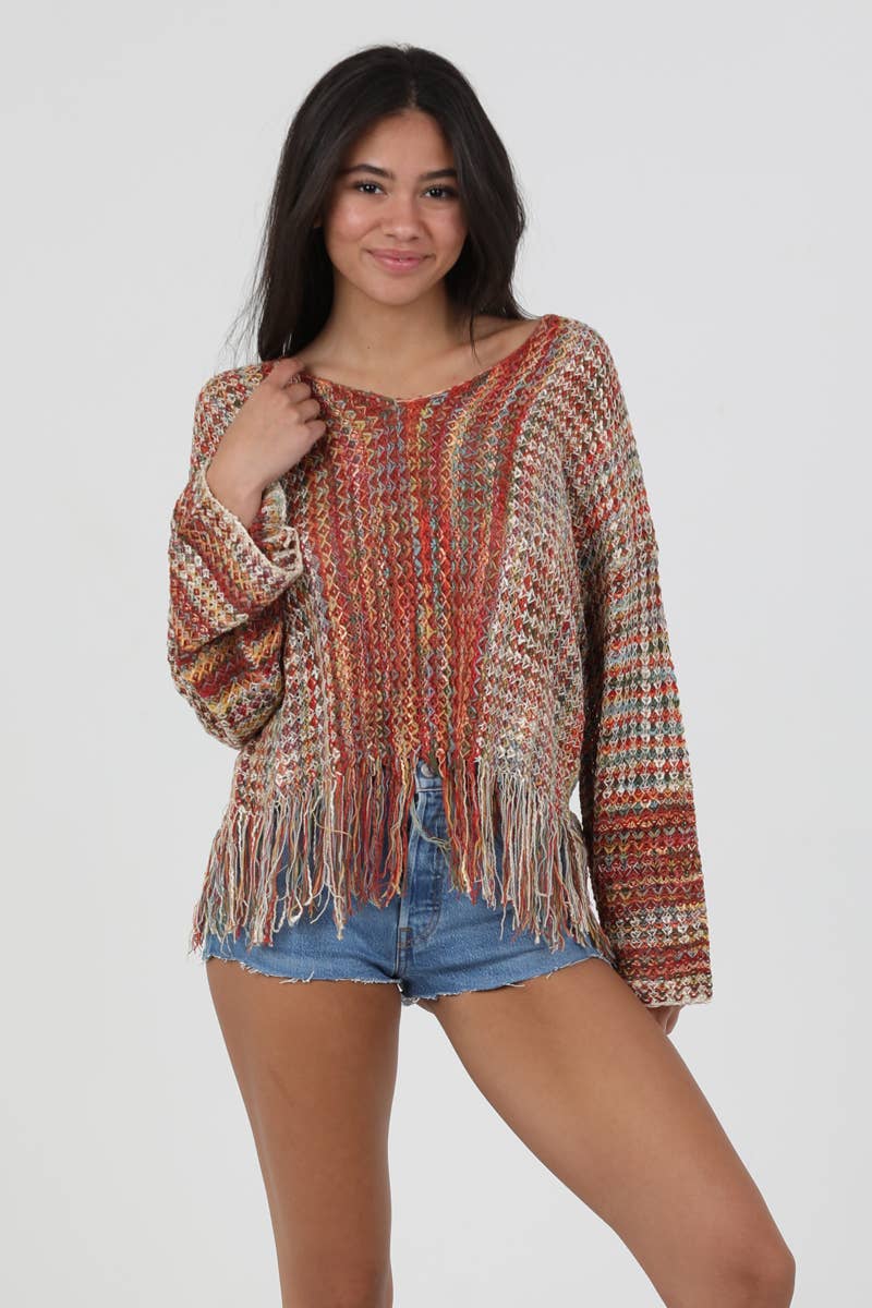 ANGIE - Wholesale Knit Sweater - Women's - XHN03-ASIS V NECK FRINGE HEM PULLOVER SWEATER10